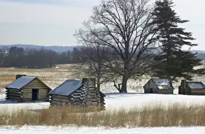 Continental Army Prints: Continental soldiers cabins reconstructed at the Valley Forge winter camp