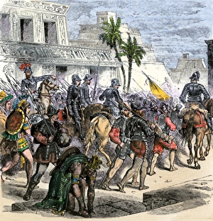 Latin America:Caribbean Prints: Cortes marches out of Aztec Tenochtitlan to battle the army of Narvaez
