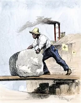 Wharf Gallery: Cotton bale loaded on a boat in New Orleans, 1800s