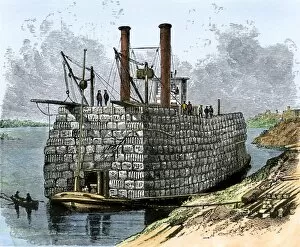 Cotton bales on a river boat, 1800s