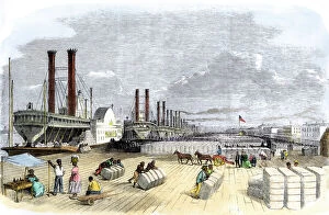 US places:historical views Collection: Cotton loaded on steamboats by black slaves, New Orleans
