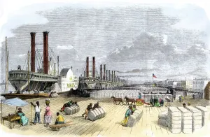 Water Front Prints: Cotton loaded on steamboats by black slaves, New Orleans