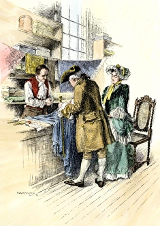 Couple in a dry-goods shop in colonial America Hand-colored woodcut of a