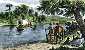 Pioneer Prints: Covered wagon crossing a river by rope ferry