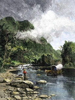 Kentucky Prints: Covered wagon fording the Cumberland River in Kentucky