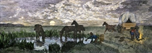 Colorado Prints: Covered wagon pioneers camp at a water hole in an arid section of trail