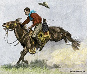 Montana Prints: Cowboy riding a newly trained horse