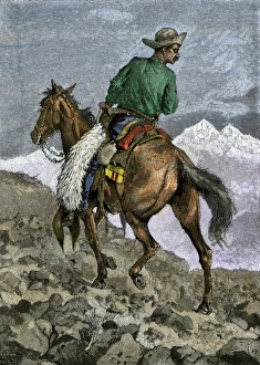 Montana Prints: Cowboy searching for stray cattle in the Rocky Mountains