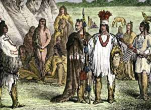 Creek Prints: Creek Indian village. Hand-colored woodcut