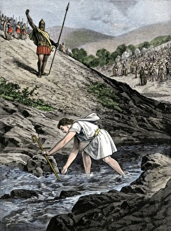 Holy Land Prints: David picking a stone with which to fight Goliath