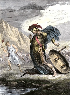Holy Land Prints: David using his slingshot to defeat the Philistines giant warrior