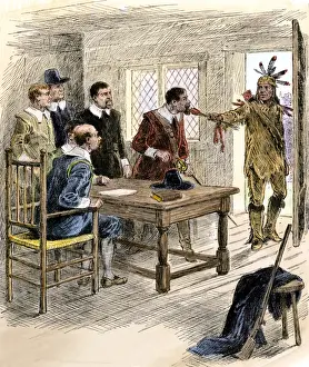 Declaration of war by a Pequot Indian delivering an arrow to Massachusetts Bay