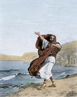 Orator Gallery: Demosthenes rehearsing near ancient Athens
