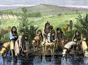 Dogs pulling travois to carry water for Native American women
