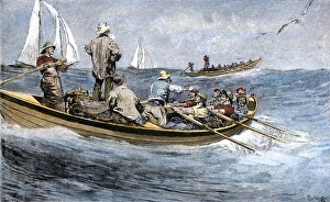 Sail Boat Prints: Dories racing for a school of fish