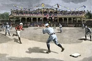 Playing Gallery: Double-play in a New York / Boston baseball game, 1886