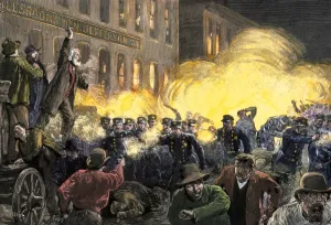 Protest Prints: Dynamite bomb exploding among police ranks during the Haymarket Square riot in