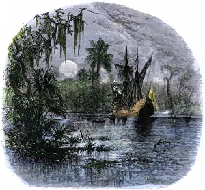 New Spain Prints: Early explorers coming ashore along a tropical coast in the New World
