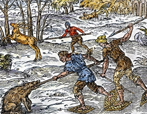 French Canadian Prints: Early settlers hunting on snowshoes in Canada
