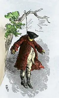 Protest Prints: Effigy of a Stamp Act official hung by protesting colonials