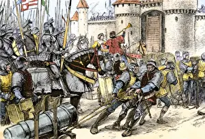 English army of Edward III attacking Calais during the Hundred Years War wiith