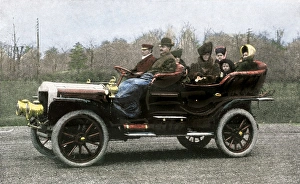 Trains And Automobile Prints: Family riding in a steam-powered White Company automobile