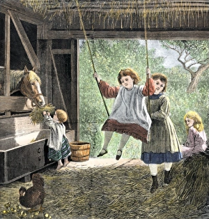 Farm children playing in the barn on a bright May morning Hand-colored woodcut