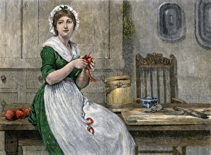 Farm woman paring apples to make dumplings