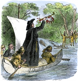 Father Jacques Marquette holding a peace pipe to greet Native Americans during