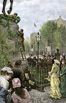 Festooning a Civil War memorial statue on Decoration Day in New York City
