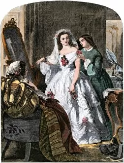 Holidays:celebrations Collection: Final touches to the brides wedding gown, 1850s