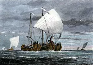 Explorer Collection: Fleet of Viking raiders in the Middle Ages
