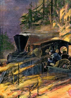 Steam Train Gallery: Forest fire engulfing a steam locomotive, 1890s