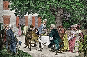 Social Collection: Franklin, Hamilton, and other delegates discussing the Constitution