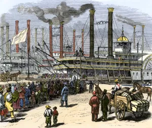 Mississippi River Prints: Freed African-Americans embarking for the North on riverboats after the Civil