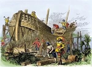 Exploration Gallery: French colonists building a ship, South Carolina, 1560s