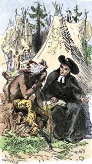 Roman Catholic Prints: French Jesuit missionary in a Native American village