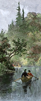 French traders canoeing on a river in the forests of North America