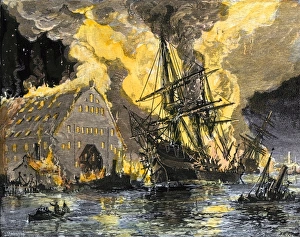 Wharf Prints: US frigate Merrimac on fire during Confederate burning of Gosport
