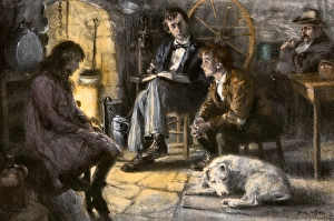 Fire Prints: Frontier father reading to his children by firelight