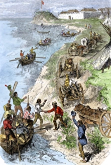 Fur traders arriving at a Hudson Bay Company post in boats and wagons