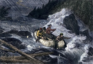 Fur-traders canoes imperiled by rapids on the Red River of the North