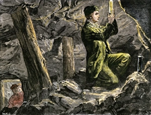 George Stephenson experimenting with his safety lamp in an English coal mine