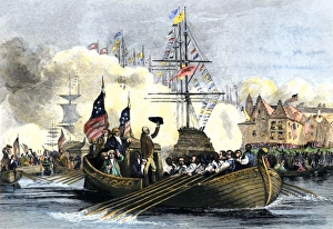 New York City Prints: George Washington arrives at New York City by boat for his inauguration as