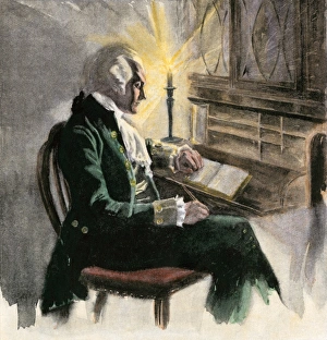 New York City Prints: George Washington writing at his desk by candlelight