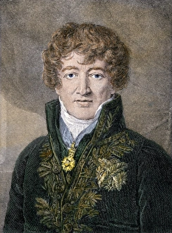 French Prints: Georges Cuvier. Hand-colored woodcut of a portrait