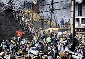 Steam Ship Prints: German emigrants for New York embarking on Hamburg steamer