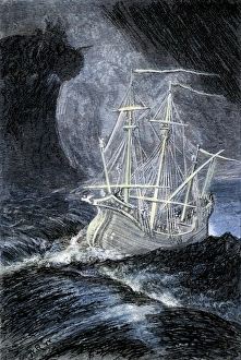 Ghost-ship in a storm. Hand-colored woodcut of a 19th-century illustration