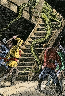 Adventure Travel Prints: Giant octopus attacking the submarine Nautilus in Jules Vernes