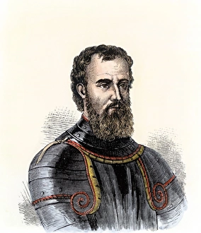Florentine Prints: Giovanni da Verrazano. Hand-colored woodcut of a 19th-century illustration